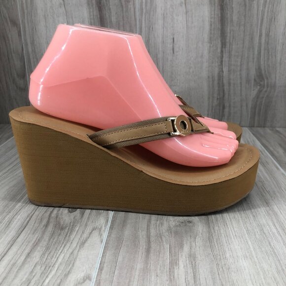 Aldo Wedge Sandals Womens 8M Brown Slip On Thong Platform Flip Flops - Picture 1 of 12